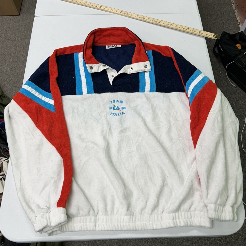 Fila Team Ski Italia Fleece Pullover Mens 46 White Navy Red Vintage Italy
